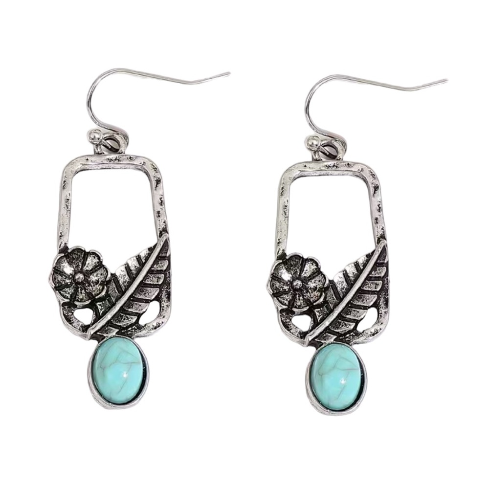 Retro Flower Design Silver and Turquoise Drop Earrings